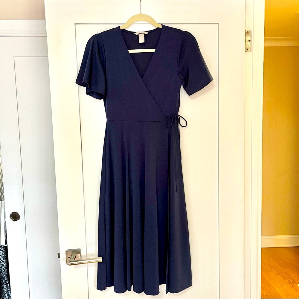 Short Sleeve Mock Wrap Midi Dress (XS)